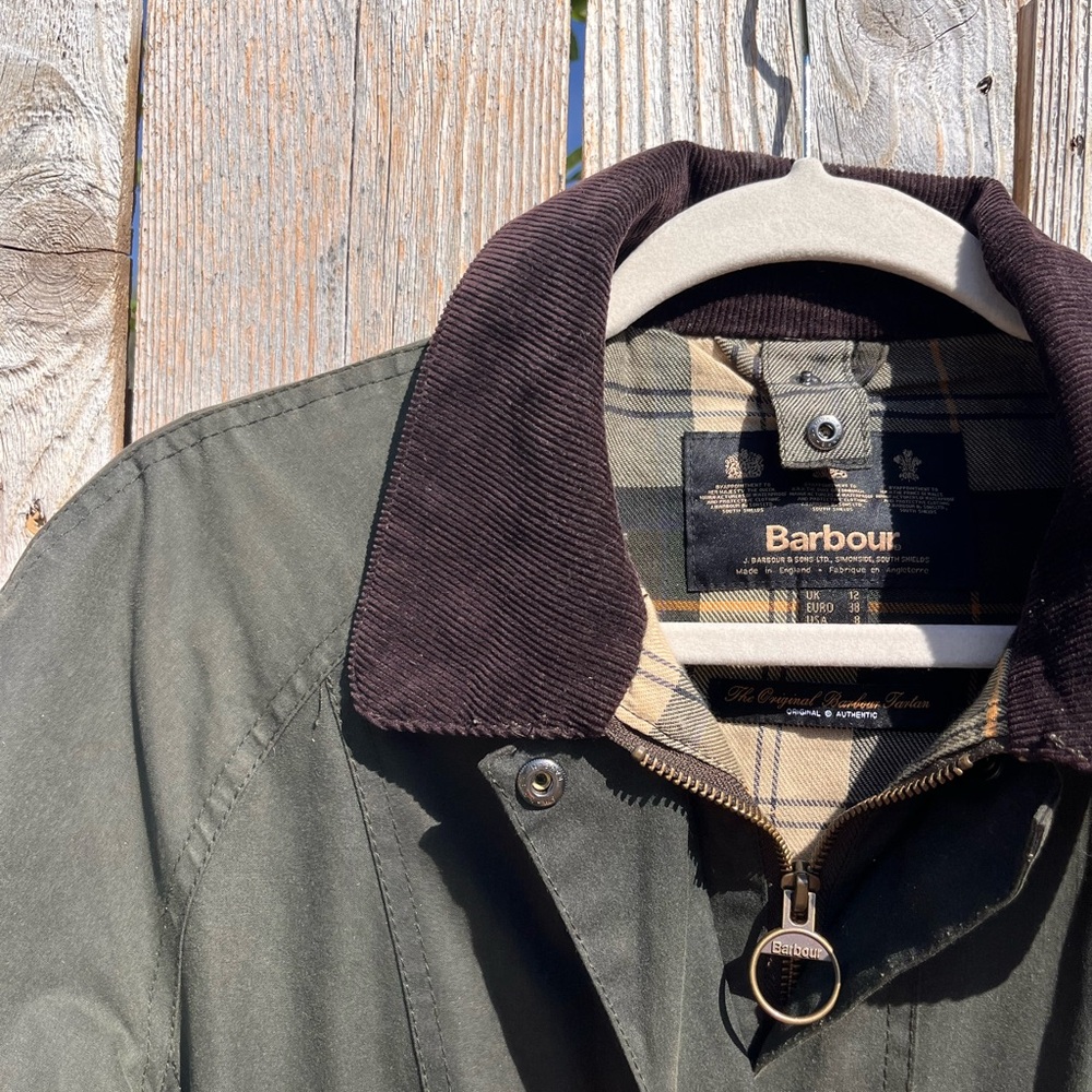 Barbour Olive Green Waxed Cotton Utility Jacket with Dark Corduroy Collar